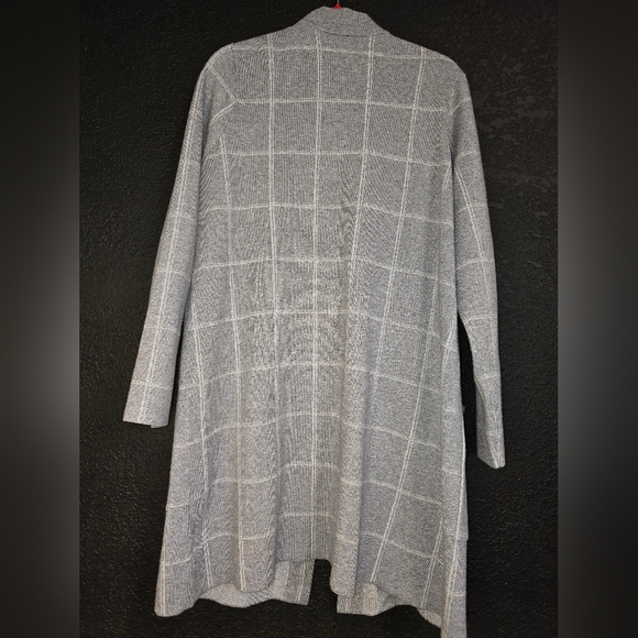 Tahari Cardigan Womens 2x Gray Plaid Open Front Soft Pockets Longline - Picture 2 of 11